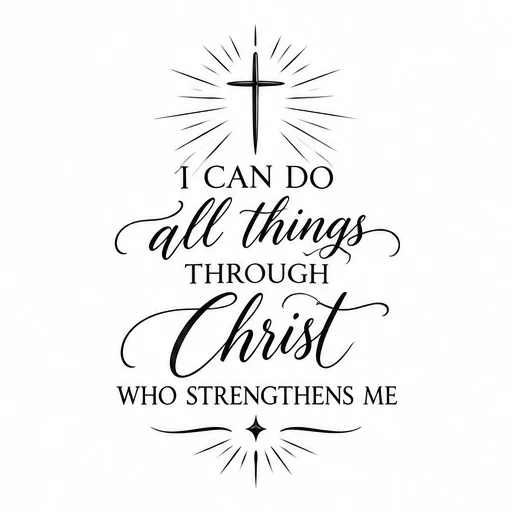 Black calligraphy tattoo design of Philippians 4:13 with radiant cross and decorative flourishes