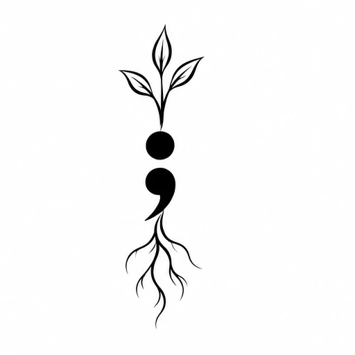 Black semicolon with roots and leaves tattoo design