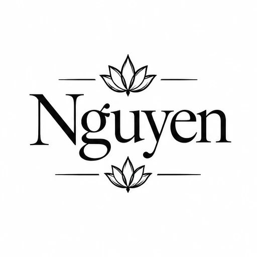 Nguyen last name tattoo design with lotus flowers and horizontal lines in black ink