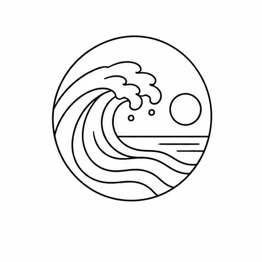 Black line art of a circular ocean wave with a sun and horizon inside a circle.