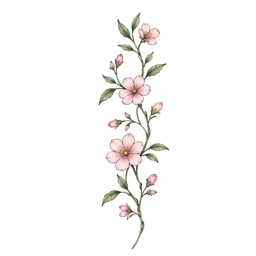 Pink cherry blossom branch with buds and green leaves tattoo design