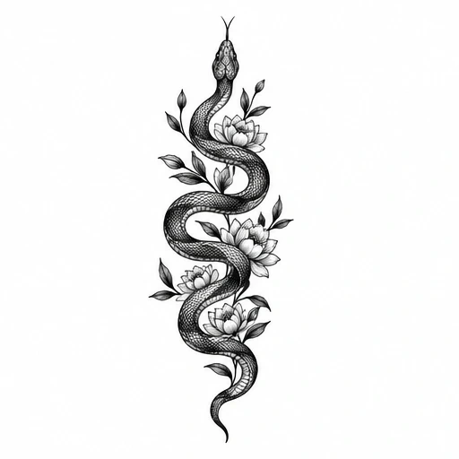 Black and grey illustration of a snake coiling up with lotus flowers and leaves around it