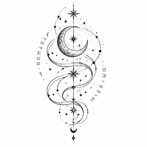 Black ink tattoo design of crescent moon with orbiting stars and arcane script in fine line style.