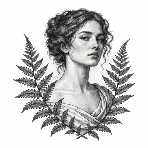 Graphite portrait of a woman with curly hair framed by crossed fern leaves
