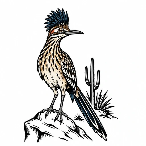Illustration of a roadrunner standing on a rock with a cactus and desert plants in the background