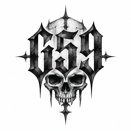 Black and gray gothic style 'G59' lettering with a detailed skull and sharp points