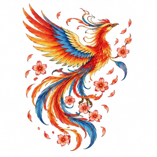 Colorful Japanese phoenix tattoo design with red, orange, blue feathers and cherry blossoms floating around