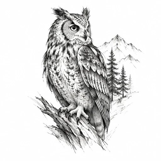 Black and grey drawn owl perched on branch with pine trees and mountains in background.