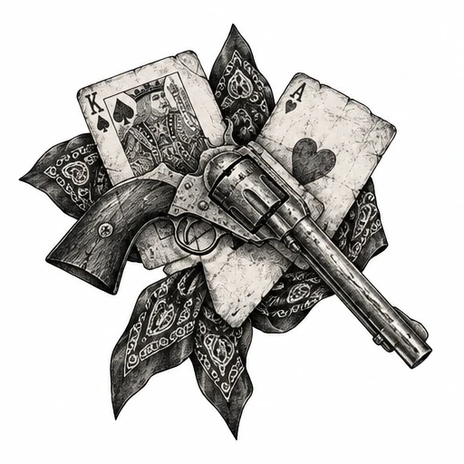 Black and white tattoo art of a vintage revolver, King of Spades and Ace of Hearts cards on a patterned bandana.