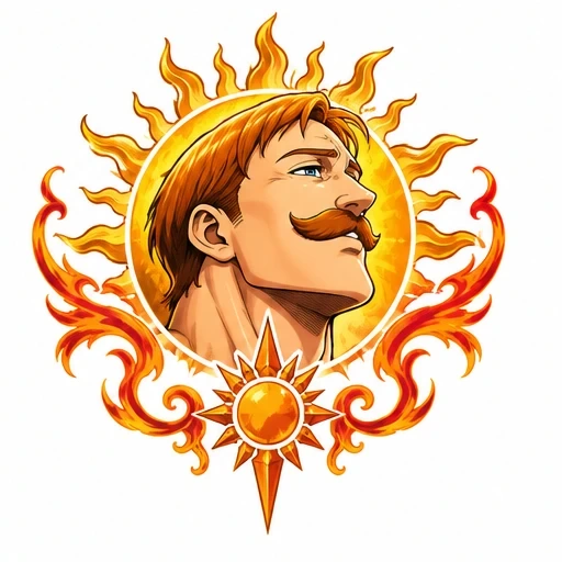 Illustration of Escanor's profile with orange hair and mustache framed by a glowing sun and fiery flames