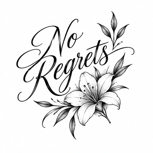 Black ink tattoo design of 'No Regrets' in cursive with a detailed lily flower and surrounding leaves