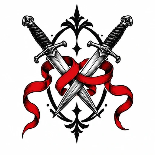 Two crossed daggers with a red ribbon wrapped around them inside a decorative black frame