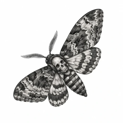 Black and white realistic death's-head moth with detailed skull on thorax and feathery antennae