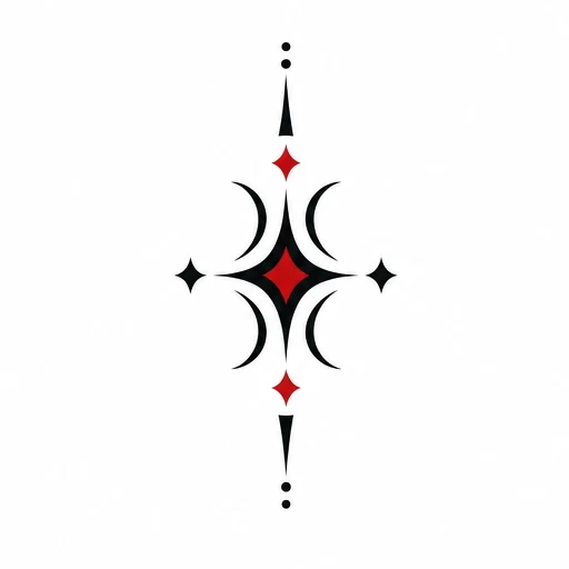 Minimalist symmetrical tattoo with red diamond center, black crescents, tapered lines, and dots on white background