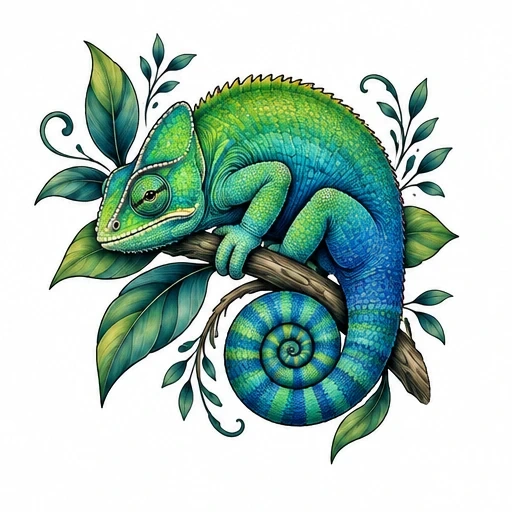 Colorful green and blue chameleon with detailed scales perched on a branch with leafy vines, bright and vivid illustration.