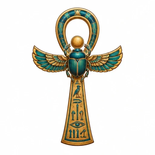 Tattoo design of a golden ankh with blue-winged scarab and Egyptian hieroglyphs