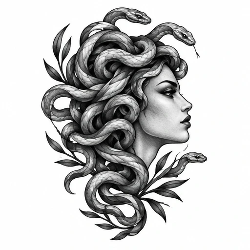 Black and gray Medusa portrait with snakes as hair and leaves around the head in profile view