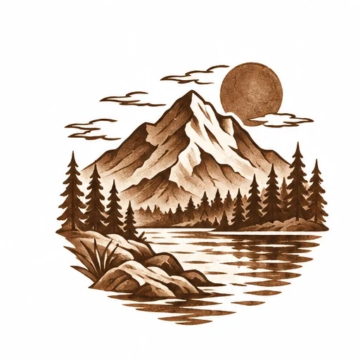 Illustration of brown shaded mountain landscape with pine trees, rocky shore, reflective lake, sun and clouds