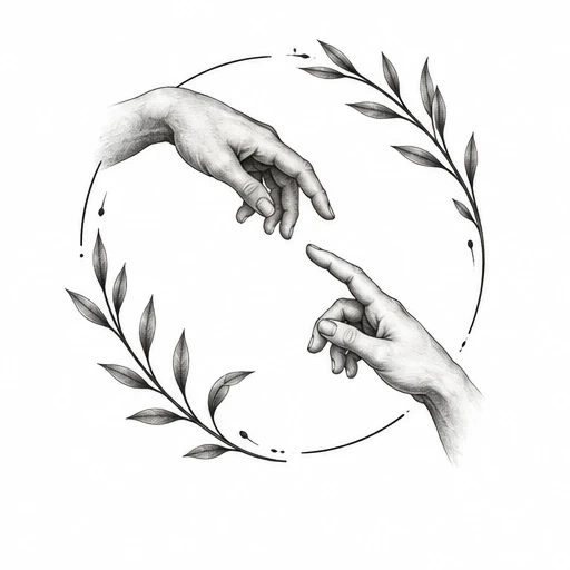 Black and white tattoo design of two hands reaching towards each other within a circular laurel wreath