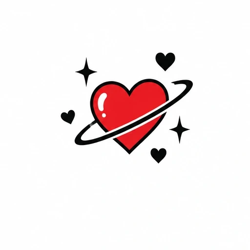 Red heart with black orbit ring, sparkles, and small hearts tattoo design