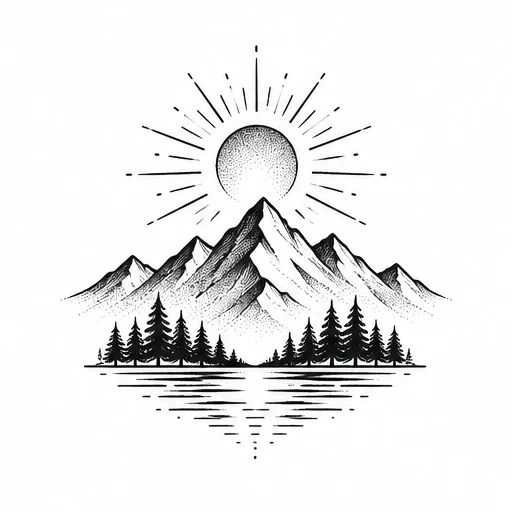 Black ink minimalist mountain and pine tree landscape with radiant sun and lake reflection