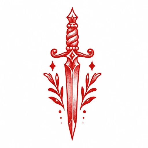 Red dagger with spiral handle, diamond accents, surrounded by symmetrical leaves and sparkles