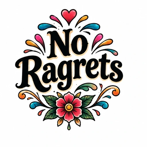 Tattoo design reading 'No Ragrets' with colorful floral and ornamental flourishes