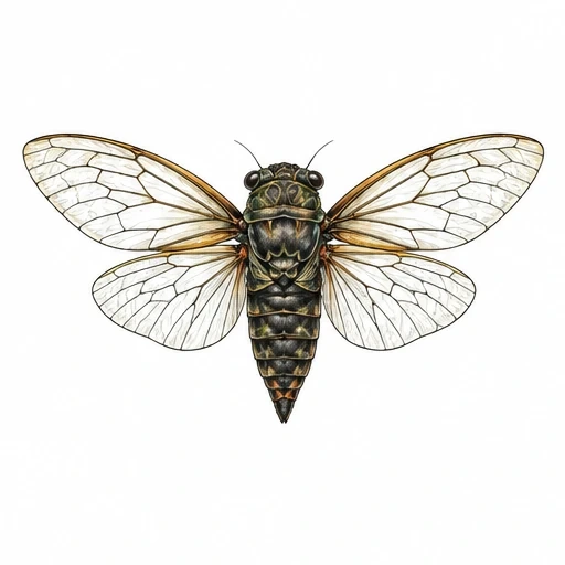 Realistic cicada with dark textured body and delicate translucent wings with brown veins