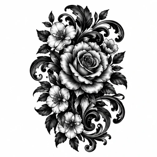 Black and grey tattoo design of a large rose, smaller flowers, leaves, and ornamental swirls.