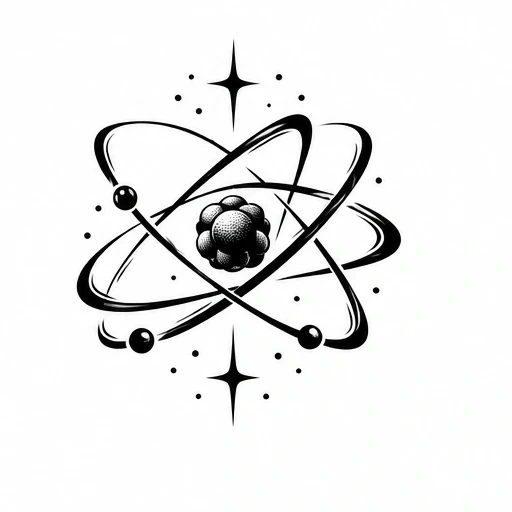 Black and white atomic tattoo design with three elliptical electron orbits and central nucleus with stars