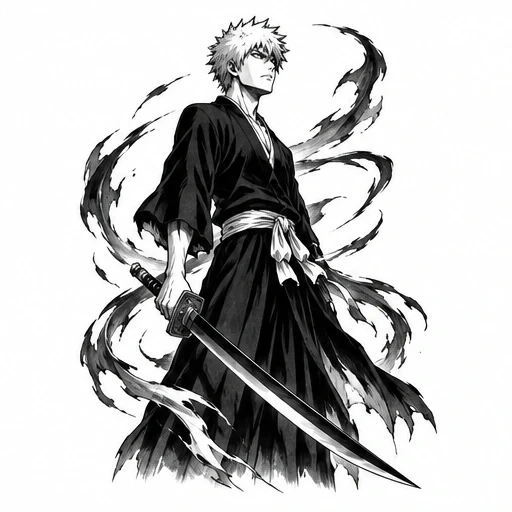 Black and white drawing of Ichigo Kurosaki holding a sword with swirling shadows around him