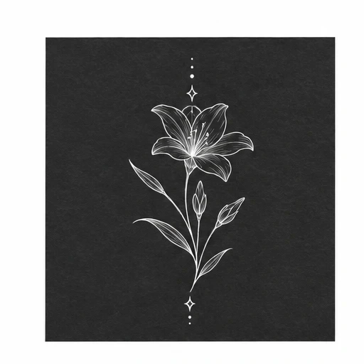 White lily flower tattoo design with buds, leaves, stars, and dot accents on black background