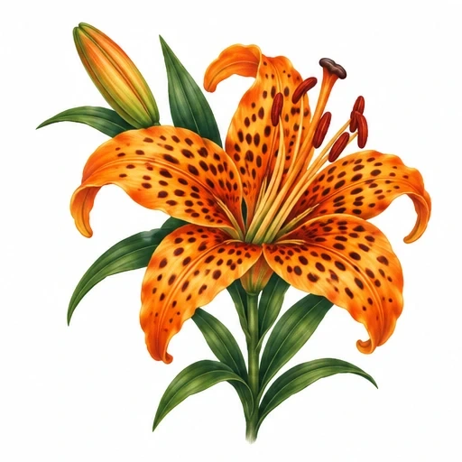 Realistic tiger lily flower with orange spotted petals, green leaves, and a closed bud.