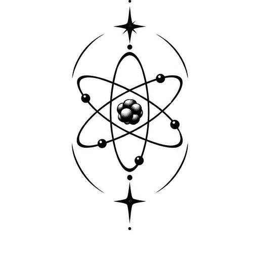 Blackwork tattoo design of an atomic model with orbiting electrons and stars