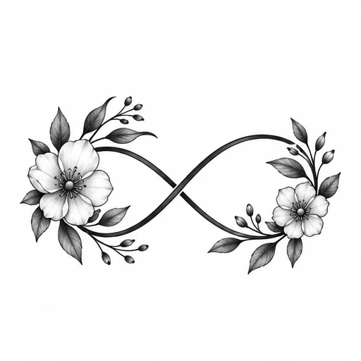 Infinity symbol tattoo with black and gray flowers and leaves on each end