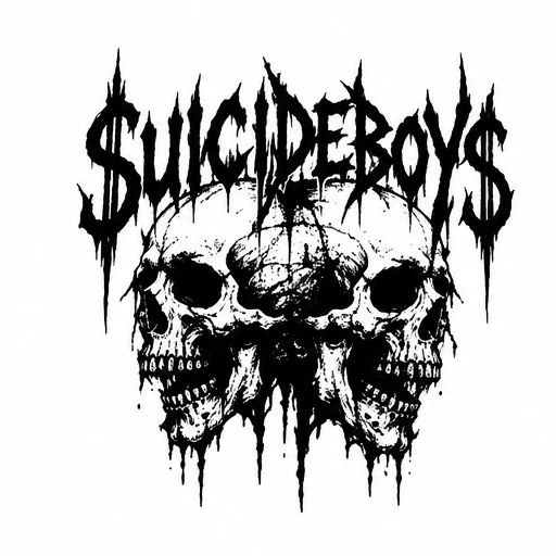 Three black ink skulls with dripping details under jagged $uicideboy$ lettering