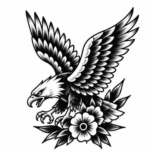 Black and white American traditional style tattoo design of an eagle soaring with flowers below