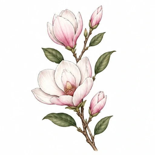 Magnolia branch with blooming and budding flowers in pink and white, green leaves, and brown stem