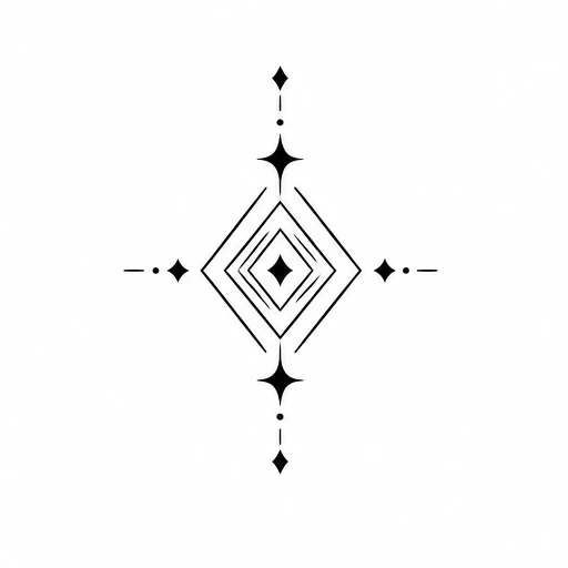 Minimalist black tattoo with nested diamond shapes and star-like spark elements arranged symmetrically.