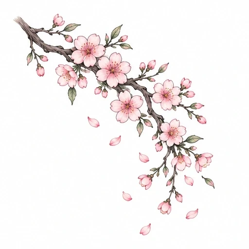 Cherry blossom branch tattoo with pink flowers and green leaves, some petals falling