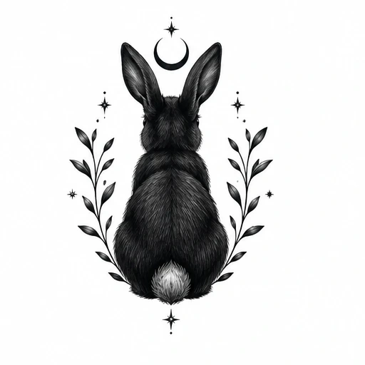 Black rabbit viewed from back sitting with crescent moon and leafy branches surrounded by stars