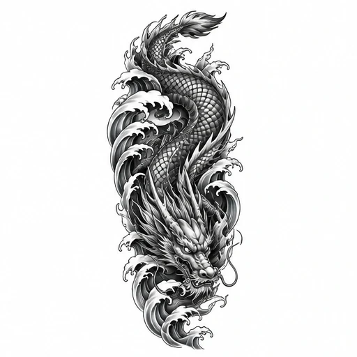 Black and grey Japanese dragon tattoo surrounded by stylized ocean waves curling around the dragon's body