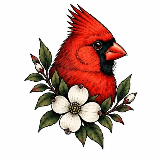 Tattoo design of a red cardinal bird perched among white dogwood flowers and green leaves