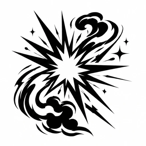 Blackwork tattoo design of a jagged explosion with swirling smoke and stars