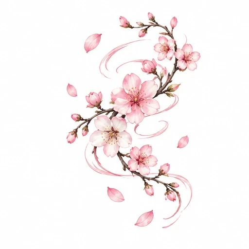 Cherry blossom branch with pink flowers, buds, and floating petals tattoo design