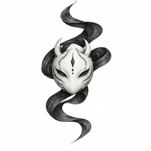 Stylized white fox mask with black markings and flowing black smoke waves