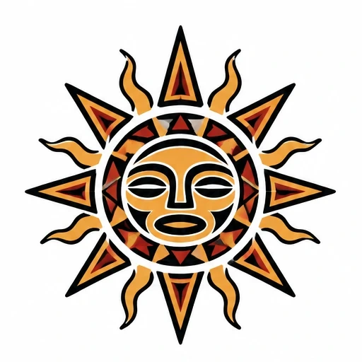 Taino style sun design with geometric and wavy rays in ochre, red, and black