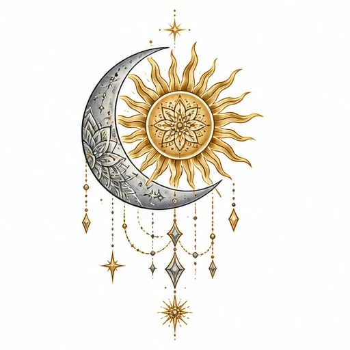 Tattoo of golden sun with floral center behind silver crescent moon with floral details and hanging star-shaped charms