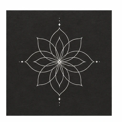 White geometric mandala tattoo design resembling a flower with fine line petals on black background