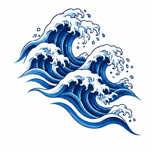 Three blue traditional Japanese waves with white foam and water droplets in a dynamic tattoo style